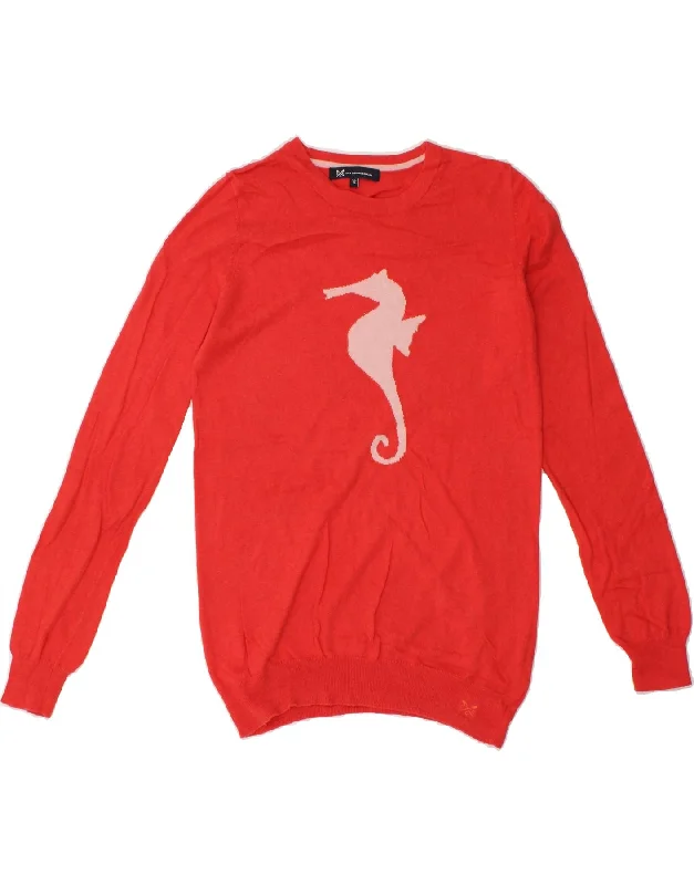 CREW CLOTHING Womens Graphic Boat Neck Jumper Sweater UK 12 Medium Red Real Fur Shearling Chenille