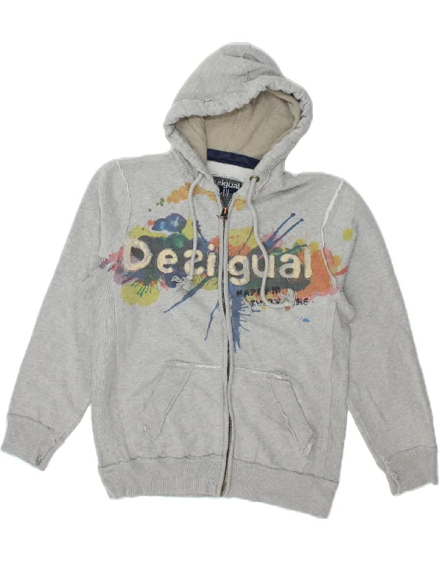 DESIGUAL Mens Graphic Zip Hoodie Sweater Medium Grey Cotton Print Jacquard Patchwork DESIGUAL Mens Graphic Zip Hoodie Sweater Medium Grey Cotton Print Jacquard Patchwork