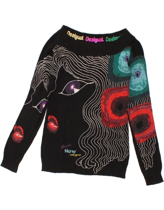 DESIGUAL Womens Graphic Boat Neck Jumper Sweater UK 12 Medium Black Striped Floral Plaid DESIGUAL Womens Graphic Boat Neck Jumper Sweater UK 12 Medium Black Striped Floral Plaid
