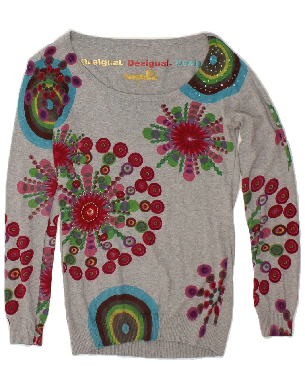 DESIGUAL Womens Graphic Boat Neck Jumper Sweater UK 12 Medium Grey Nylon Fabric Polyester Fabric Spandex Fabric DESIGUAL Womens Graphic Boat Neck Jumper Sweater UK 12 Medium Grey Nylon Fabric Polyester Fabric Spandex Fabric