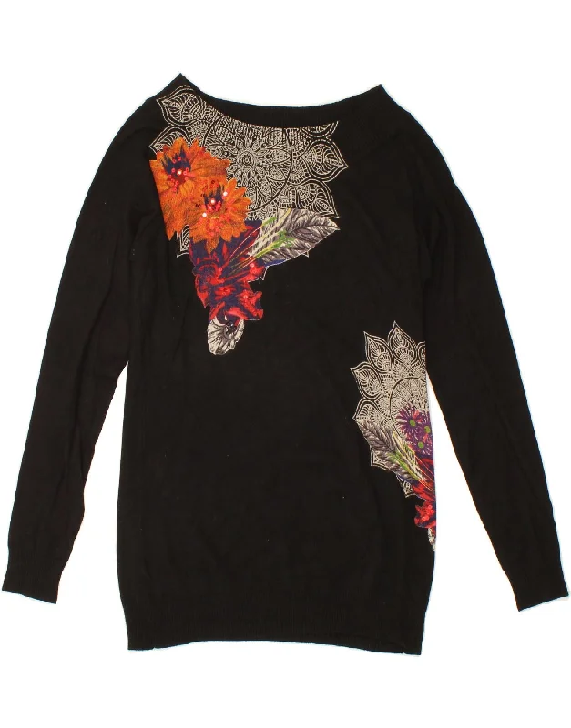 DESIGUAL Womens Graphic Boat Neck Jumper Sweater UK 14 Large Black Floral Boxy Sweater Fitted Sweater A-Line DESIGUAL Womens Graphic Boat Neck Jumper Sweater UK 14 Large Black Floral Boxy Sweater Fitted Sweater A-Line