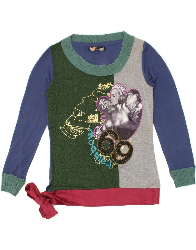 DESIGUAL Womens Graphic Crew Neck Jumper Sweater UK 14 Large Blue Embroidered Appliqued Beaded DESIGUAL Womens Graphic Crew Neck Jumper Sweater UK 14 Large Blue Embroidered Appliqued Beaded