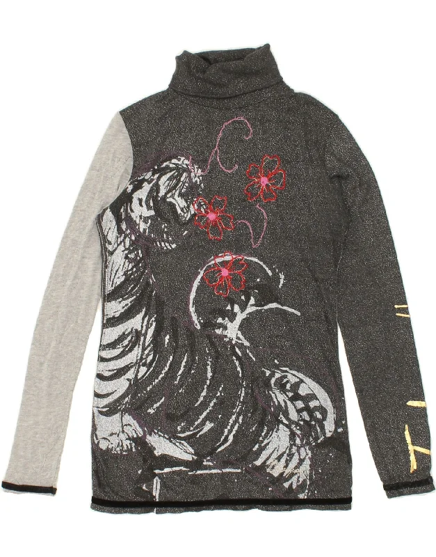 DESIGUAL Womens Graphic Roll Neck Jumper Sweater UK 14 Large Grey Solid Print Embellished DESIGUAL Womens Graphic Roll Neck Jumper Sweater UK 14 Large Grey Solid Print Embellished