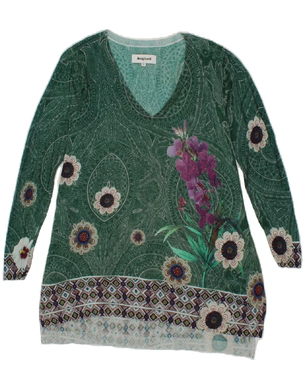 DESIGUAL Womens Longline V-Neck Jumper Sweater UK 10 Small Green Floral Transparent Opaque Sheer DESIGUAL Womens Longline V-Neck Jumper Sweater UK 10 Small Green Floral Transparent Opaque Sheer