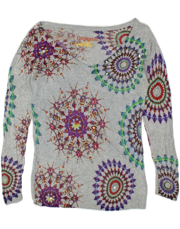 DESIGUAL Womens V-Neck Jumper Sweater UK 18 XL Grey Geometric Cotton Thin Thick Dense DESIGUAL Womens V-Neck Jumper Sweater UK 18 XL Grey Geometric Cotton Thin Thick Dense