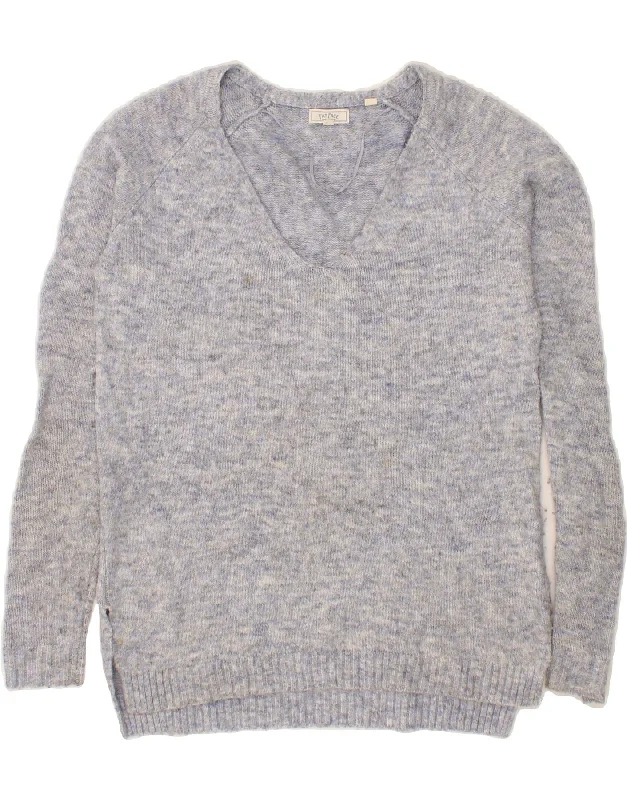 FAT FACE Womens V-Neck Jumper Sweater UK 6 XS  Blue Acrylic Chenille Brocade Lace