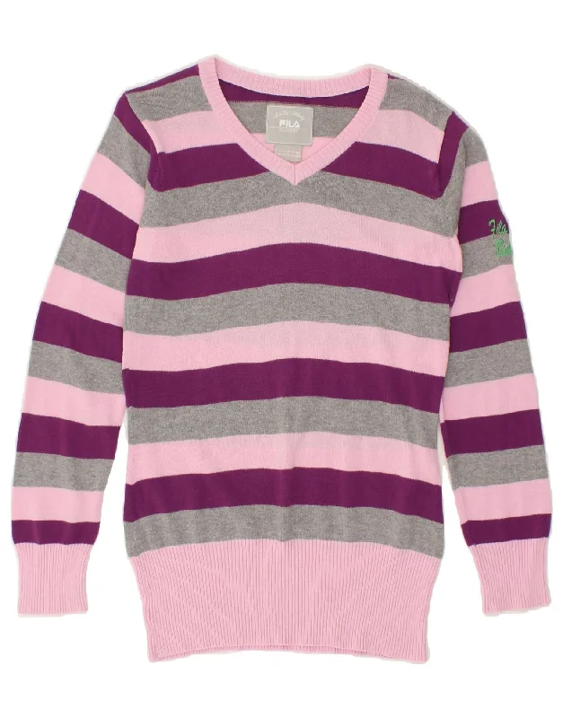 FILA Womens V-Neck Jumper Sweater UK 8 Small Multicoloured Striped Cotton Boat Neck Shawl Collar Notched Collar FILA Womens V-Neck Jumper Sweater UK 8 Small Multicoloured Striped Cotton Boat Neck Shawl Collar Notched Collar