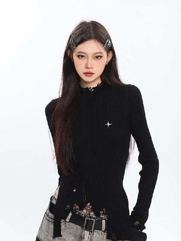 Grunge Turtleneck Distressed Sweater Iron Safe Non-Iron Wrinkle Free