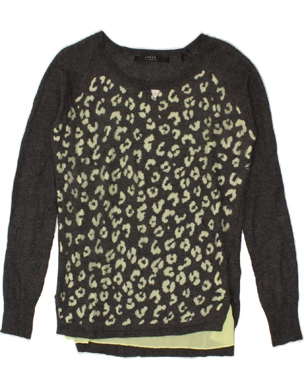 GUESS Womens Crew Neck Jumper Sweater UK 6 XS Grey Animal Print Rayon Fitted Loose Oversized GUESS Womens Crew Neck Jumper Sweater UK 6 XS Grey Animal Print Rayon Fitted Loose Oversized