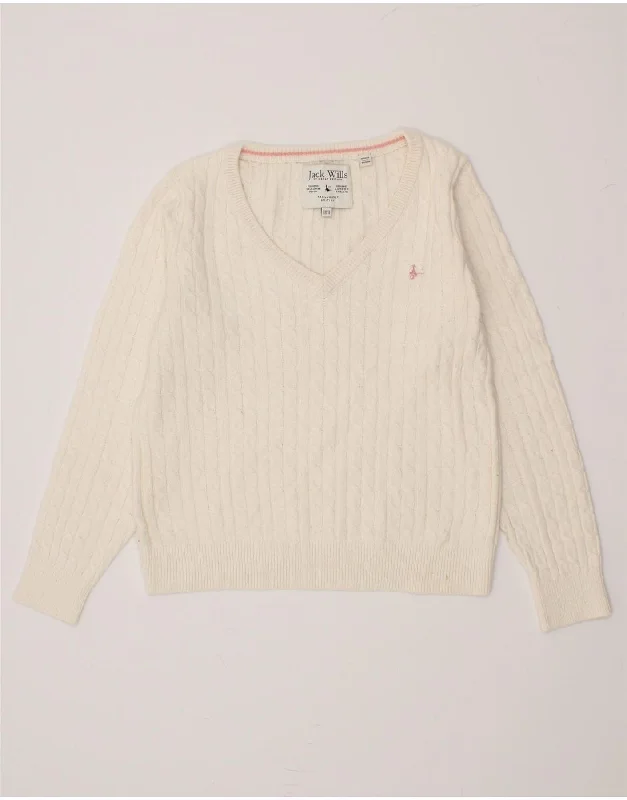 JACK WILLS Womens V-Neck Jumper Sweater UK 12 Medium Off White Cotton Fleece Sweater Nylon Polyester JACK WILLS Womens V-Neck Jumper Sweater UK 12 Medium Off White Cotton Fleece Sweater Nylon Polyester
