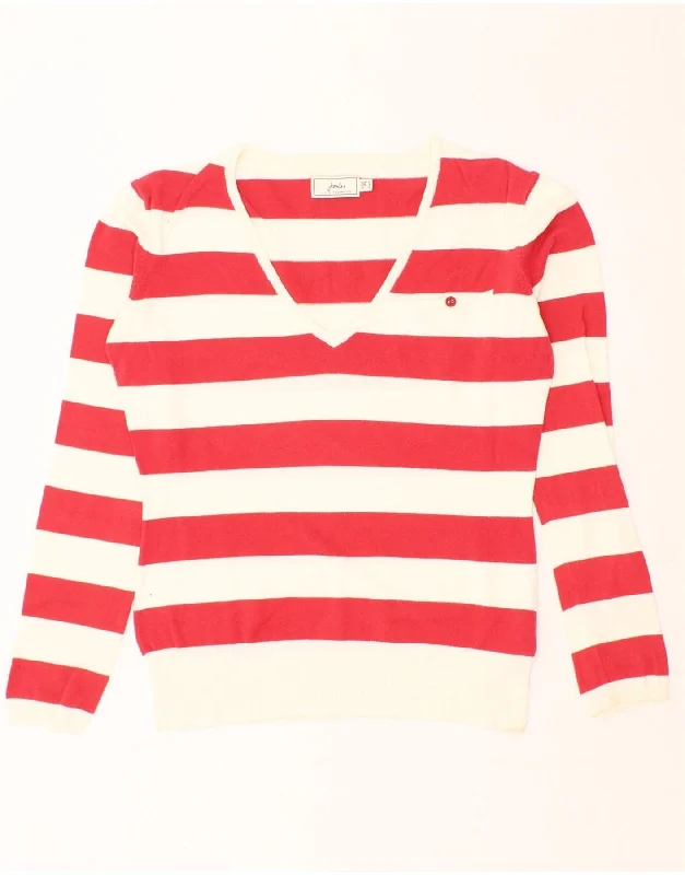 JOULES Womens V-Neck Jumper Sweater UK 12 Medium  Red Striped Cotton Mesh Sweater Canvas Denim
