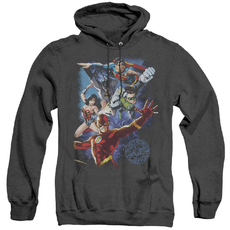 Justice League Galactic Attack Color - Heather Pullover Hoodie Bishop Sleeve Elegant
