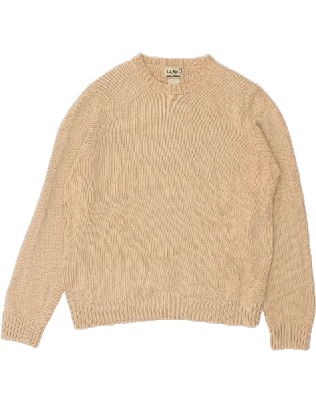 L.L.BEAN Womens Crew Neck Jumper Sweater UK 10 Small Beige Cotton Thin Thick Dense
