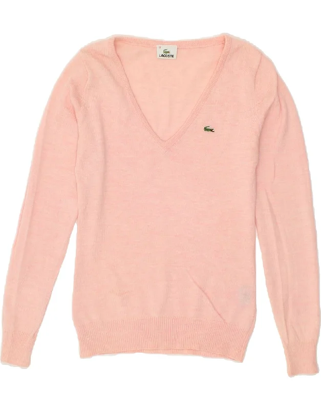 LACOSTE Womens V-Neck Jumper Sweater Size 38 Medium Pink New Wool Sequined Glittery Shiny LACOSTE Womens V-Neck Jumper Sweater Size 38 Medium Pink New Wool Sequined Glittery Shiny