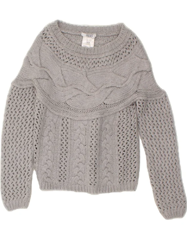 LIU JO Womens Crop See Through Boat Neck Jumper Sweater UK 4 XS Grey Striped Floral Plaid