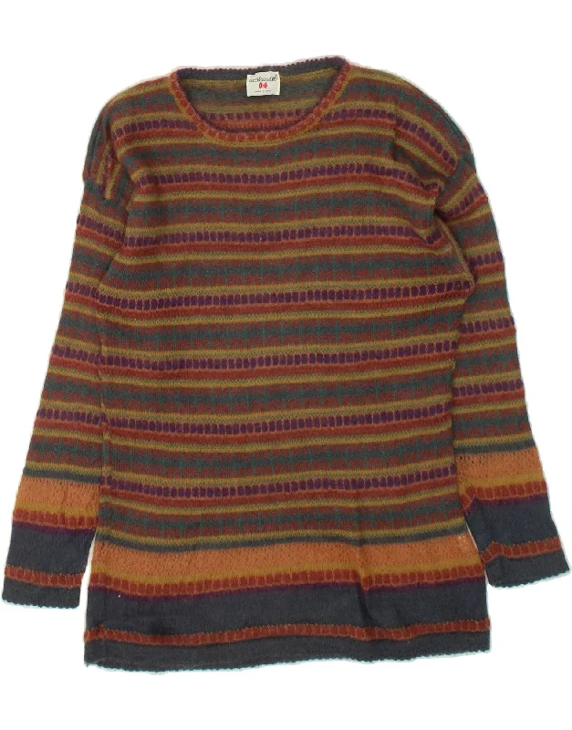 MAZZONETTO Womens Crew Neck Jumper Sweater IT 46 Large Brown Striped Mesh Blend Leather Blend Suede Blend MAZZONETTO Womens Crew Neck Jumper Sweater IT 46 Large Brown Striped Mesh Blend Leather Blend Suede Blend