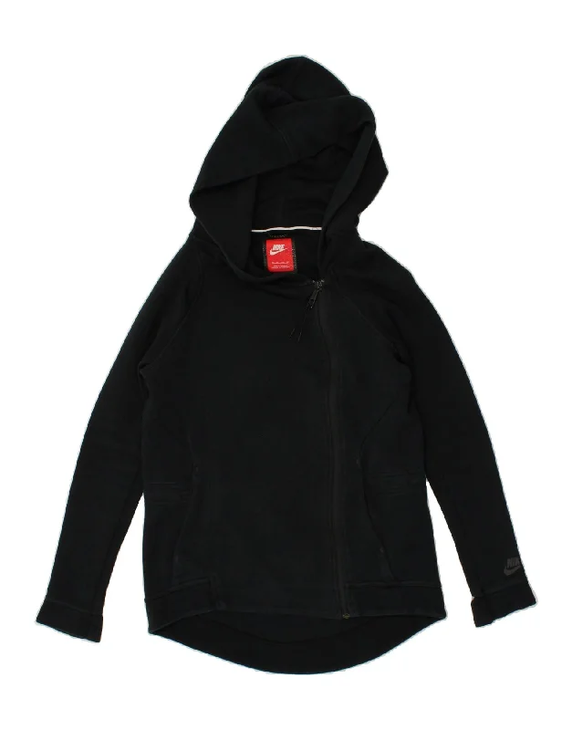 NIKE Womens Zip Hoodie Sweater UK 6 XS Black Cotton Striped Floral Plaid