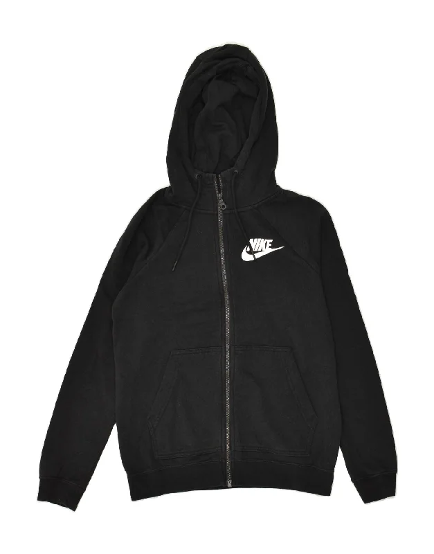 NIKE Womens Zip Hoodie Sweater UK 6 XS Black Cotton Oversized Loose Flowy