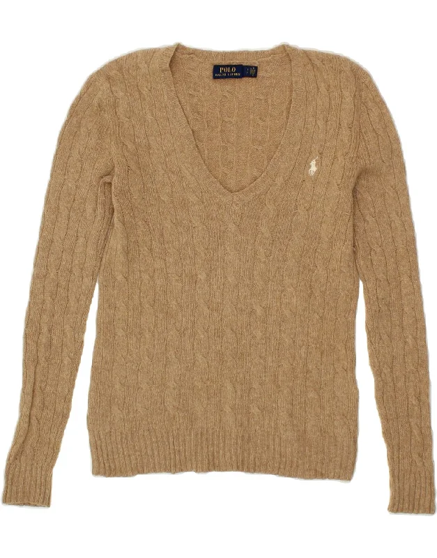 POLO RALPH LAUREN Womens V-Neck Jumper Sweater UK 10 Small Beige Wool Neon Metallic Matte POLO RALPH LAUREN Womens V-Neck Jumper Sweater UK 10 Small Beige Wool Neon Metallic Matte