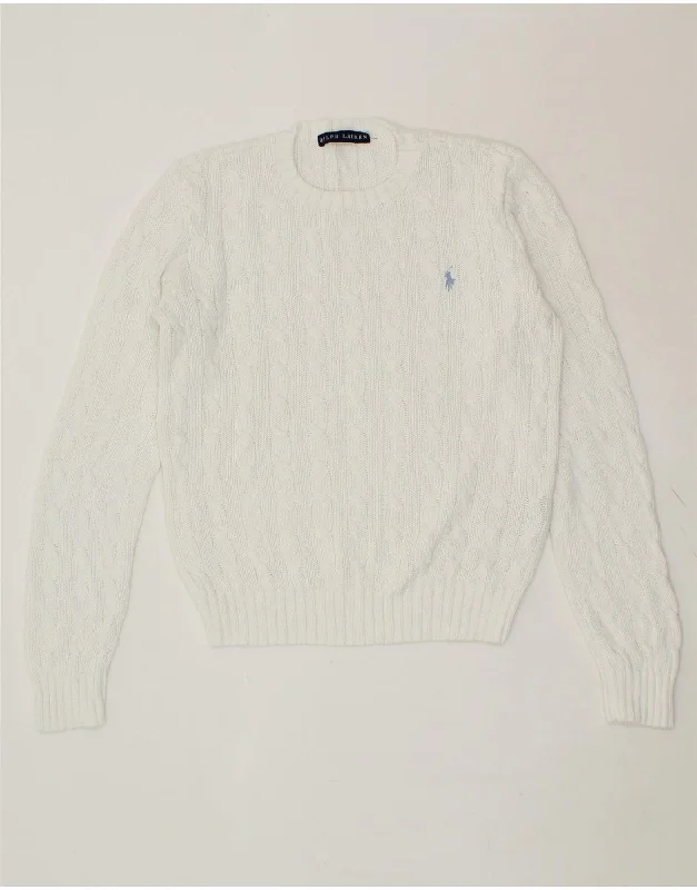 RALPH LAUREN Womens Crop Crew Neck Jumper Sweater UK 14 Medium White Solid Color Striped Floral Print RALPH LAUREN Womens Crop Crew Neck Jumper Sweater UK 14 Medium White Solid Color Striped Floral Print