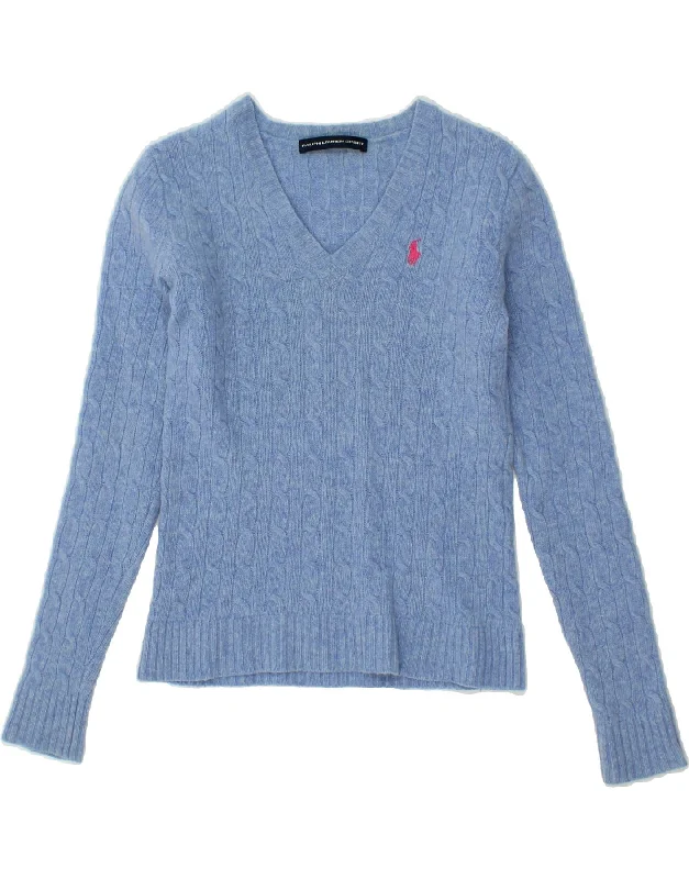 RALPH LAUREN Womens V-Neck Jumper Sweater UK 10 Small Blue Merino Wool Spandex Rayon Corduroy RALPH LAUREN Womens V-Neck Jumper Sweater UK 10 Small Blue Merino Wool Spandex Rayon Corduroy