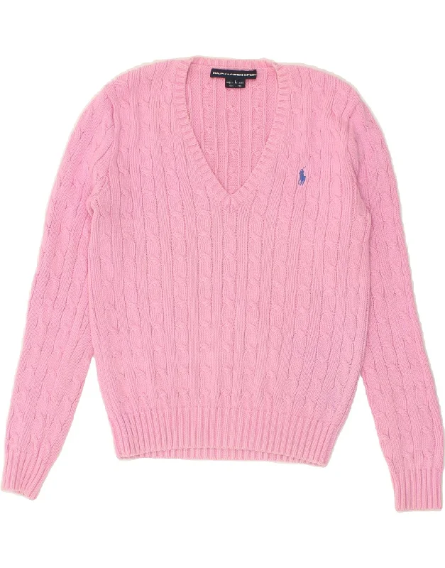 RALPH LAUREN Womens V-Neck Jumper Sweater UK 14 Large Pink Cotton Oversized Loose Flowy RALPH LAUREN Womens V-Neck Jumper Sweater UK 14 Large Pink Cotton Oversized Loose Flowy