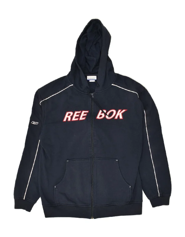 REEBOK Womens Graphic Zip Hoodie Sweater UK 14 Medium Navy Blue Polyester Layered Multi-layer Single Layer REEBOK Womens Graphic Zip Hoodie Sweater UK 14 Medium Navy Blue Polyester Layered Multi-layer Single Layer