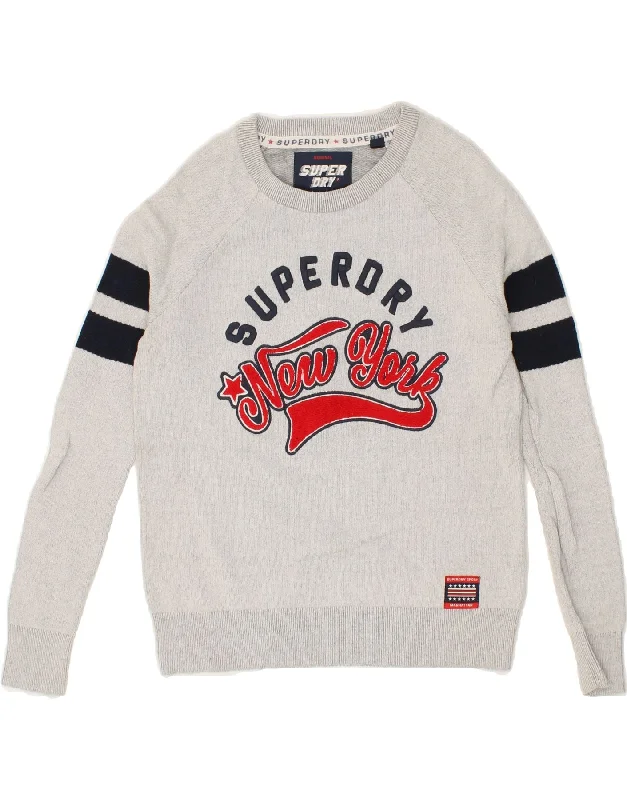 SUPERDRY Womens Graphic Boat Neck Jumper Sweater UK 6 XS Grey Cotton Open Front Closed Front Wrap Front SUPERDRY Womens Graphic Boat Neck Jumper Sweater UK 6 XS Grey Cotton Open Front Closed Front Wrap Front