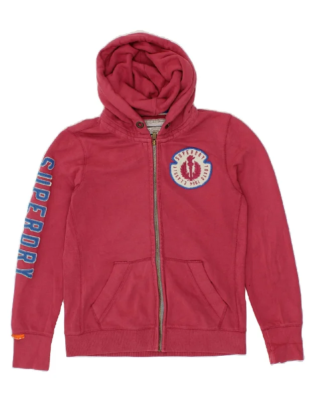 SUPERDRY Womens Graphic Zip Hoodie Sweater UK 16 Large Pink Cotton Notch Collar Peter Pan Collar Cowl Neck