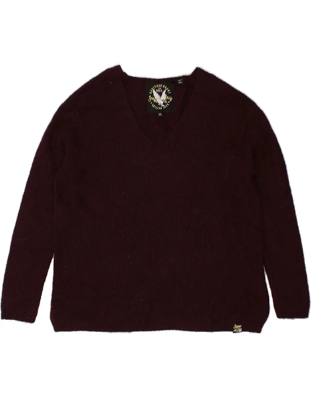 SUPERDRY Womens Oversized V-Neck Jumper Sweater UK 12 Medium Burgundy Cable Knit Ribbed Knit Lace Knit SUPERDRY Womens Oversized V-Neck Jumper Sweater UK 12 Medium Burgundy Cable Knit Ribbed Knit Lace Knit