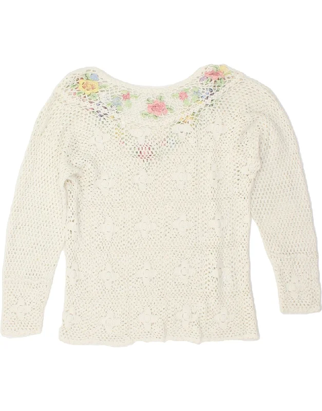 TOGETHER Womens Crop Crochet V-Neck Jumper Sweater UK 8 Small White Floral Graphic Sweater Embroidered Appliqued