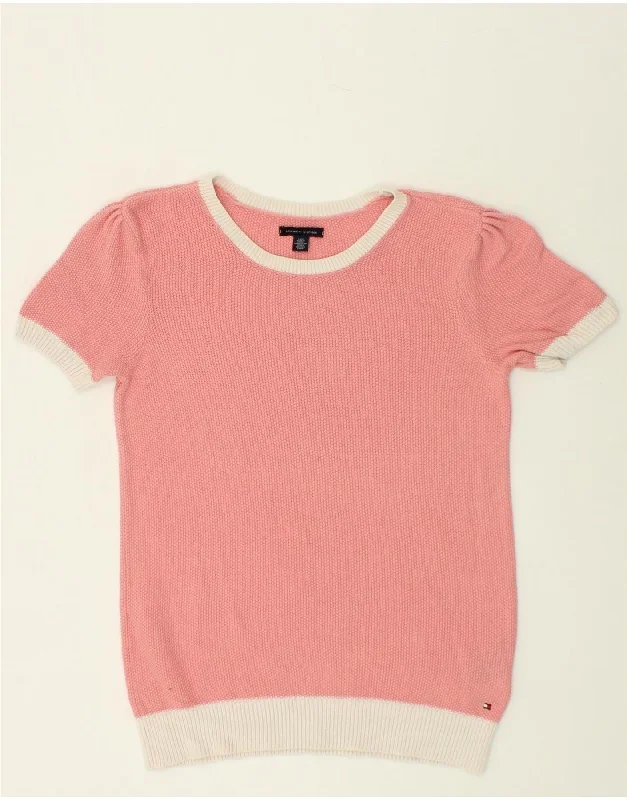 TOMMY HILFIGER Womens Crew Neck Jumper Sweater UK 14 Large Pink Beaded Sweater Sequined Faux Fur TOMMY HILFIGER Womens Crew Neck Jumper Sweater UK 14 Large Pink Beaded Sweater Sequined Faux Fur