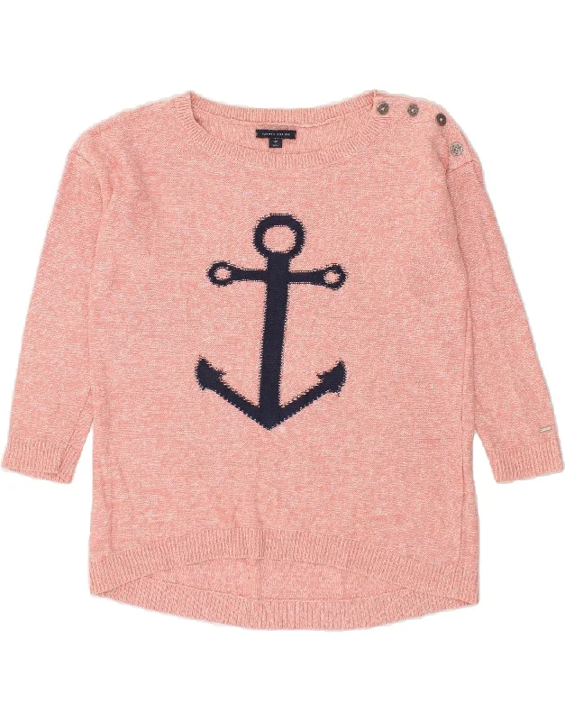 TOMMY HILFIGER Womens Graphic Boat Neck Jumper Sweater UK 10 Small Pink Denim Fabric Leather Fabric Suede Fabric TOMMY HILFIGER Womens Graphic Boat Neck Jumper Sweater UK 10 Small Pink Denim Fabric Leather Fabric Suede Fabric