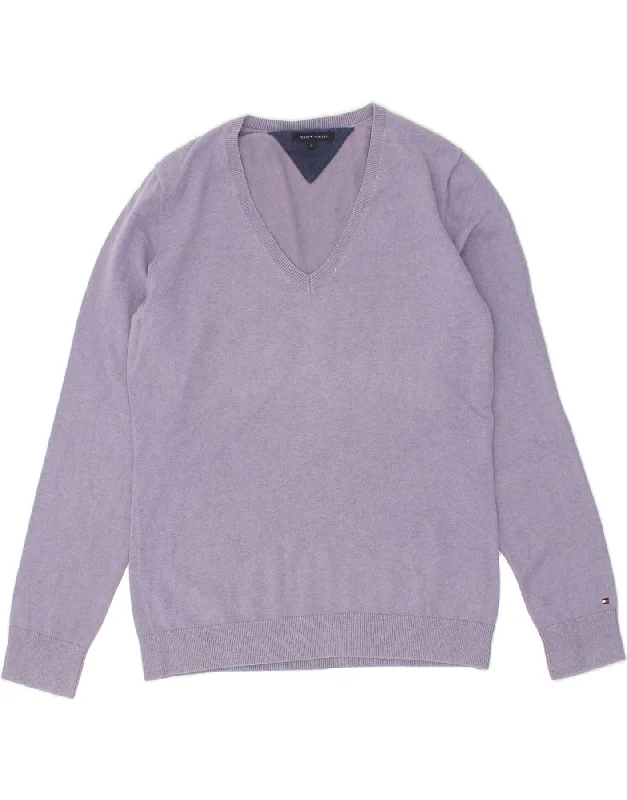TOMMY HILFIGER Womens V-Neck Jumper Sweater UK 14 Large Purple Cotton Sequined Glittery Shiny TOMMY HILFIGER Womens V-Neck Jumper Sweater UK 14 Large Purple Cotton Sequined Glittery Shiny
