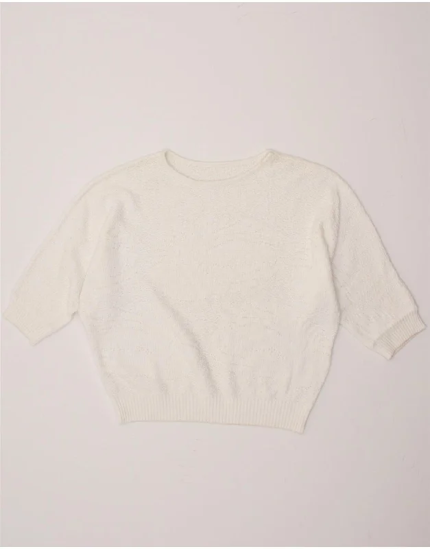 VINTAGE Womens 3/4 Sleeve Boat Neck Jumper Sweater UK 14 Medium White Stylish Fashionable Trendy VINTAGE Womens 3/4 Sleeve Boat Neck Jumper Sweater UK 14 Medium White Stylish Fashionable Trendy