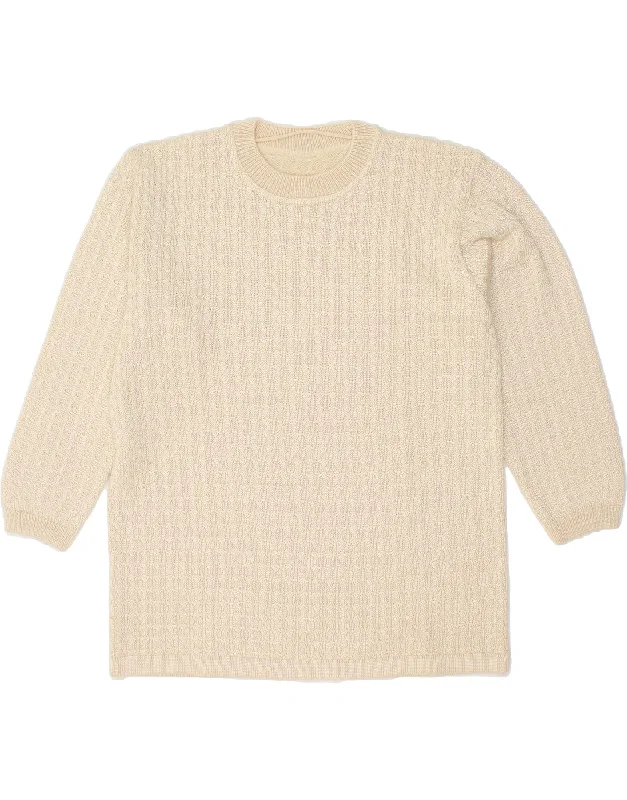 VINTAGE Womens 3/4 Sleeve Crew Neck Jumper Sweater UK 16 Large Beige Boxy Sweater Fitted Sweater A-Line