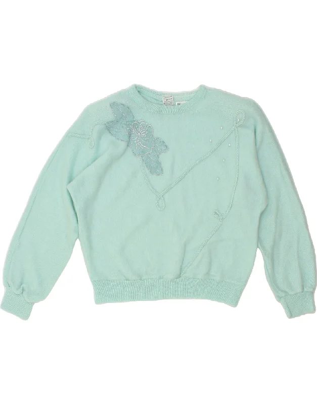 VINTAGE Womens Boat Neck Jumper Sweater UK 14 Large Blue Floral Acrylic Handmade Hand-knitted Hand-woven VINTAGE Womens Boat Neck Jumper Sweater UK 14 Large Blue Floral Acrylic Handmade Hand-knitted Hand-woven
