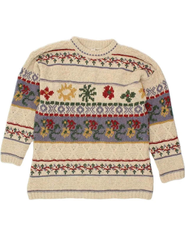 VINTAGE Womens Crew Neck Jumper Sweater EU 38/40 Medium Beige Fair Isle Fleece Fabric Down Fabric Feather Fabric VINTAGE Womens Crew Neck Jumper Sweater EU 38/40 Medium Beige Fair Isle Fleece Fabric Down Fabric Feather Fabric