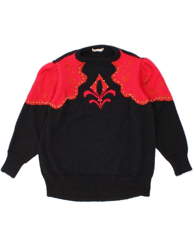 VINTAGE Womens Crew Neck Jumper Sweater IT 40 Small Black Colourblock Spandex Rayon Corduroy VINTAGE Womens Crew Neck Jumper Sweater IT 40 Small Black Colourblock Spandex Rayon Corduroy