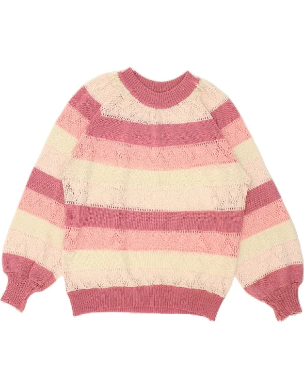 VINTAGE Womens Crew Neck Jumper Sweater UK 14 Medium Pink Striped Chenille Blend Fleece Blend Nylon Blend VINTAGE Womens Crew Neck Jumper Sweater UK 14 Medium Pink Striped Chenille Blend Fleece Blend Nylon Blend