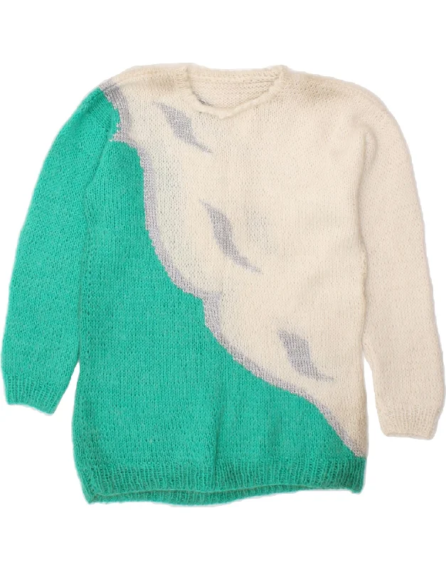 VINTAGE Womens Crew Neck Jumper Sweater UK 14 Medium White Colourblock Cashmere Blend Cotton Blend Poly Blend VINTAGE Womens Crew Neck Jumper Sweater UK 14 Medium White Colourblock Cashmere Blend Cotton Blend Poly Blend