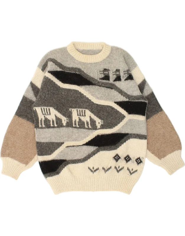 VINTAGE Womens Crew Neck Jumper Sweater UK 16 Large Beige Colourblock Collared Crew Neck Turtle Neck