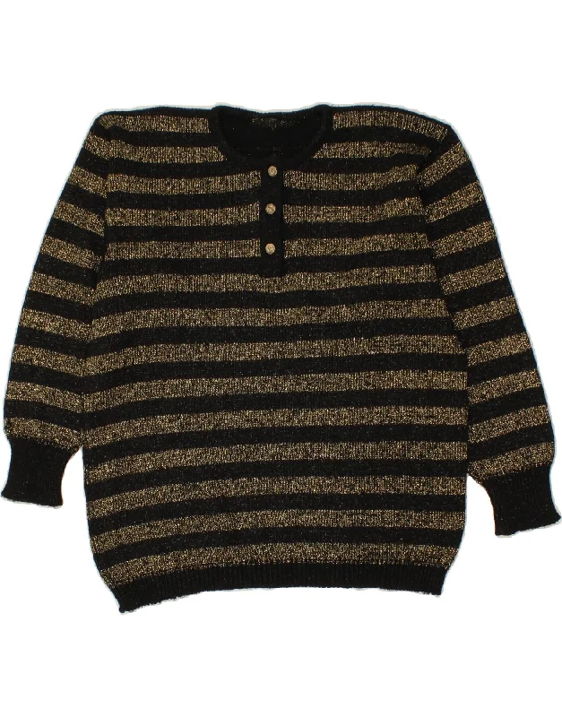VINTAGE Womens Crew Neck Jumper Sweater UK 16 Large Black Striped Wool Toggled Drawstring Belted VINTAGE Womens Crew Neck Jumper Sweater UK 16 Large Black Striped Wool Toggled Drawstring Belted