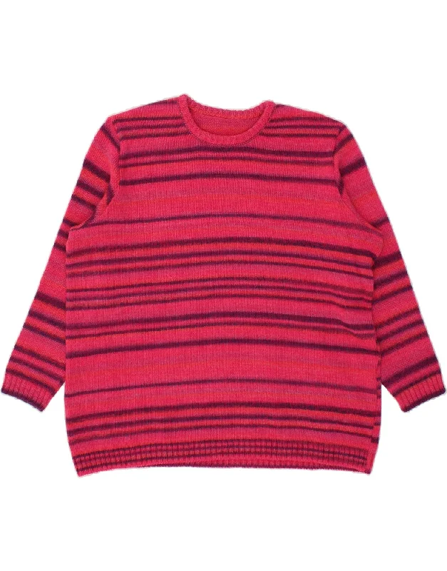 VINTAGE Womens Crew Neck Jumper Sweater UK 20 2XL Pink Striped Print Jacquard Patchwork