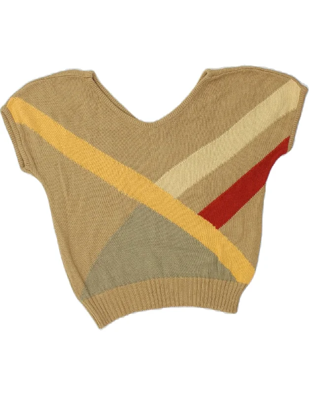 VINTAGE Womens Crop Short Sleeve V-Neck Jumper Sweater UK 12 Medium Khaki Stretchy Elastic Breathable VINTAGE Womens Crop Short Sleeve V-Neck Jumper Sweater UK 12 Medium Khaki Stretchy Elastic Breathable