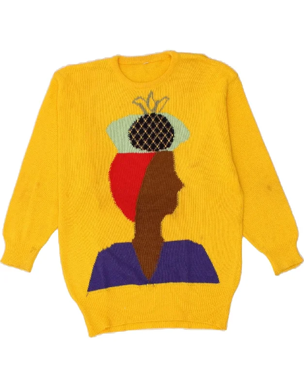 VINTAGE Womens Graphic Crew Neck Jumper Sweater UK 16 Large Yellow Cotton Fabric Linen Fabric Terry Fabric VINTAGE Womens Graphic Crew Neck Jumper Sweater UK 16 Large Yellow Cotton Fabric Linen Fabric Terry Fabric