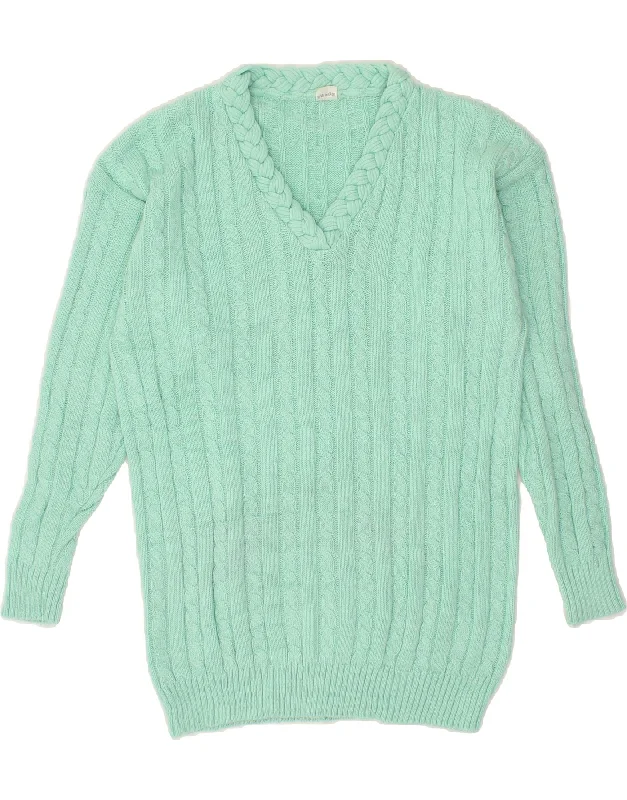 VINTAGE Womens Longline V-Neck Jumper Sweater IT 44 Medium Turquoise Front Pockets Side Pockets Patch Pockets VINTAGE Womens Longline V-Neck Jumper Sweater IT 44 Medium Turquoise Front Pockets Side Pockets Patch Pockets