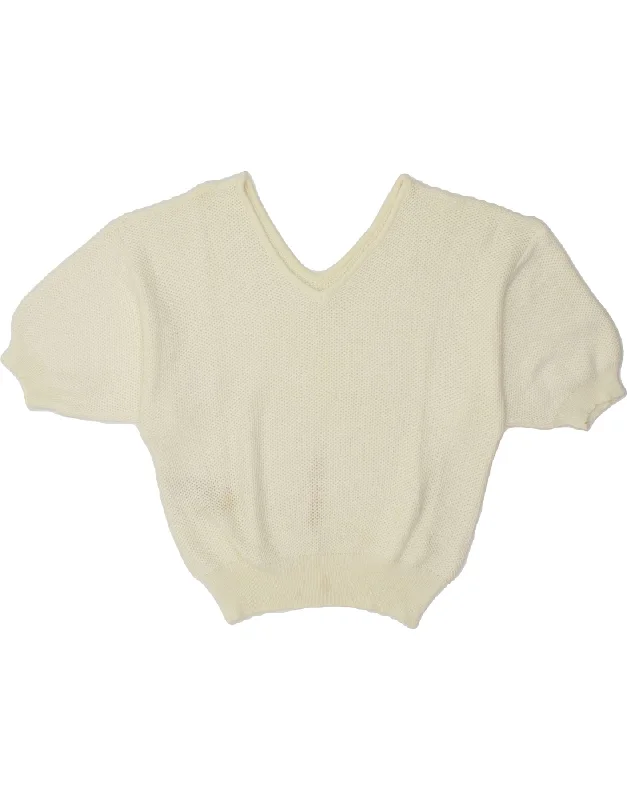 VINTAGE Womens See Through V-Neck Jumper Sweater UK 14 Medium Off White Soft Cozy Warm VINTAGE Womens See Through V-Neck Jumper Sweater UK 14 Medium Off White Soft Cozy Warm