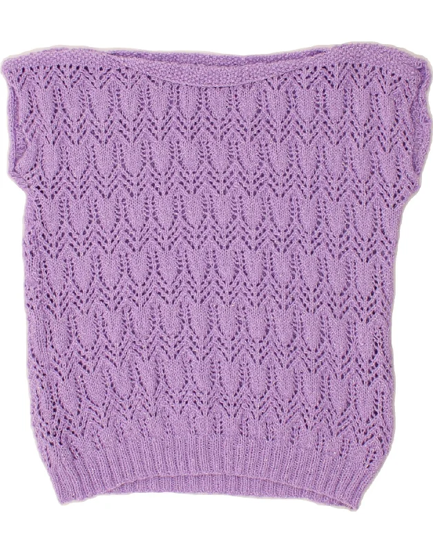 VINTAGE Womens Short Sleeve Boat Neck Jumper Sweater UK 14 Large Purple Terry Terry Cloth Terry Knit