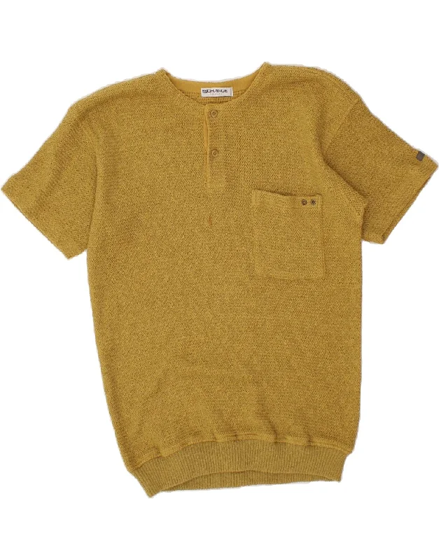 VINTAGE Womens Short Sleeve Button Neck Jumper Sweater UK 14 Medium Yellow Embroidered Appliqued Beaded VINTAGE Womens Short Sleeve Button Neck Jumper Sweater UK 14 Medium Yellow Embroidered Appliqued Beaded